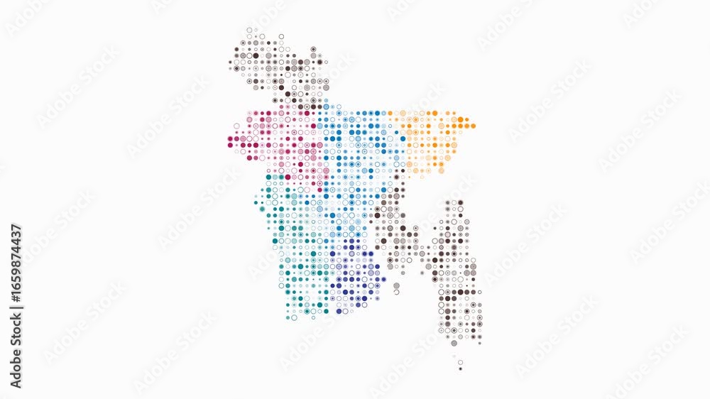 Poster bangladesh map animation. shape of the country with pulsating colored dots. small size circle blocks