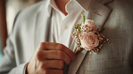 Professional man in suit and tie adjusting boutonniere for a formal event captured in close-up
