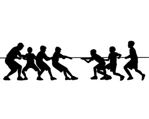 Silhouette of a group of children playing tug of war, vector illustration

