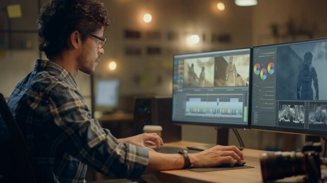 Young Male Designer Focuses on Video Editing at a Modern Office, Utilizing  Monitors for Color Grading and Footage Editing. the Creative Process Involves Advanced Software and Digital Tools.