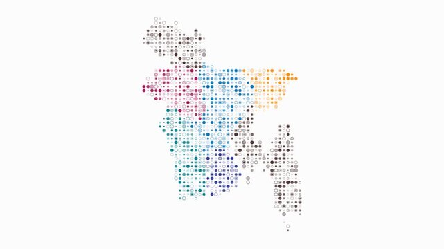 Bangladesh map animation. Shape of the country with pulsating colored dots. Small size circle blocks. Digital style Bangladesh map on white background. Plain video.