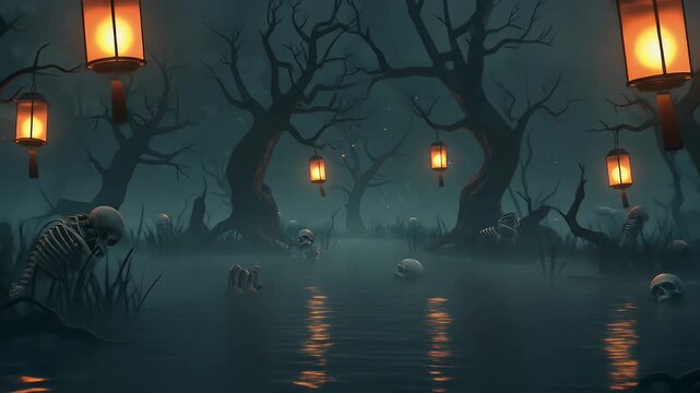 Exploring Spooky Swamp at Night with Lanterns and Skeletons