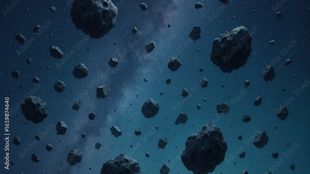 Poster asteroids floating in space.