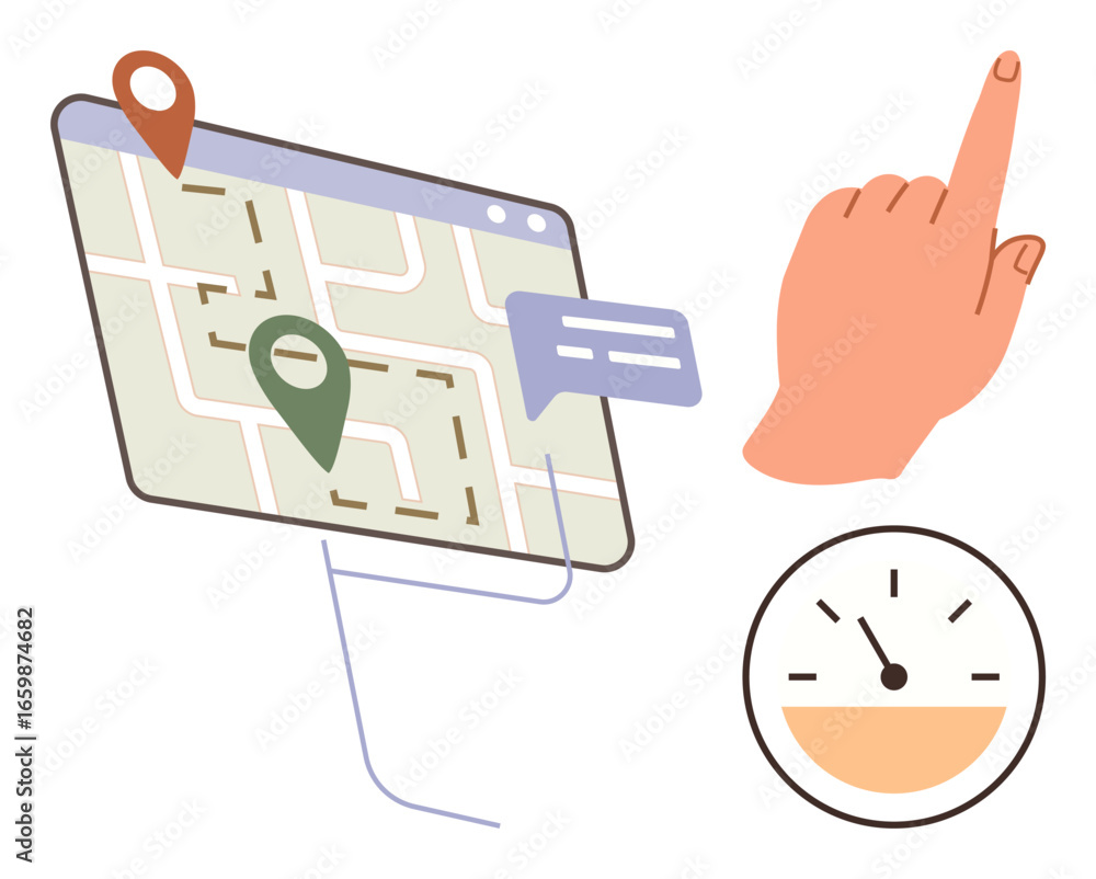 Poster digital map with pins, hand gesture for interaction, speedometer displays pace. ideal for navigation