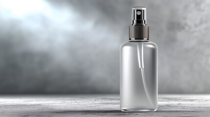 Fototapeta premium Elegant Clear Spray Bottle on Gray Surface Beauty Product Mockup Essential Oil Container for Presentation and Marketing Needs
