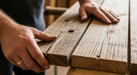 A close-up shot shows the hands of a craftsman or carpenter holding and inspecting two pieces of rustic, weathered wood. The image highlights the natural texture, knots