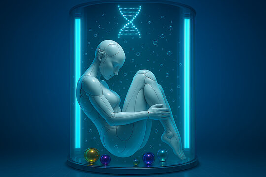 An artificial human-like android body in a glass containment chamber with a DNA helix above, a concept of genetic engineering and robotics