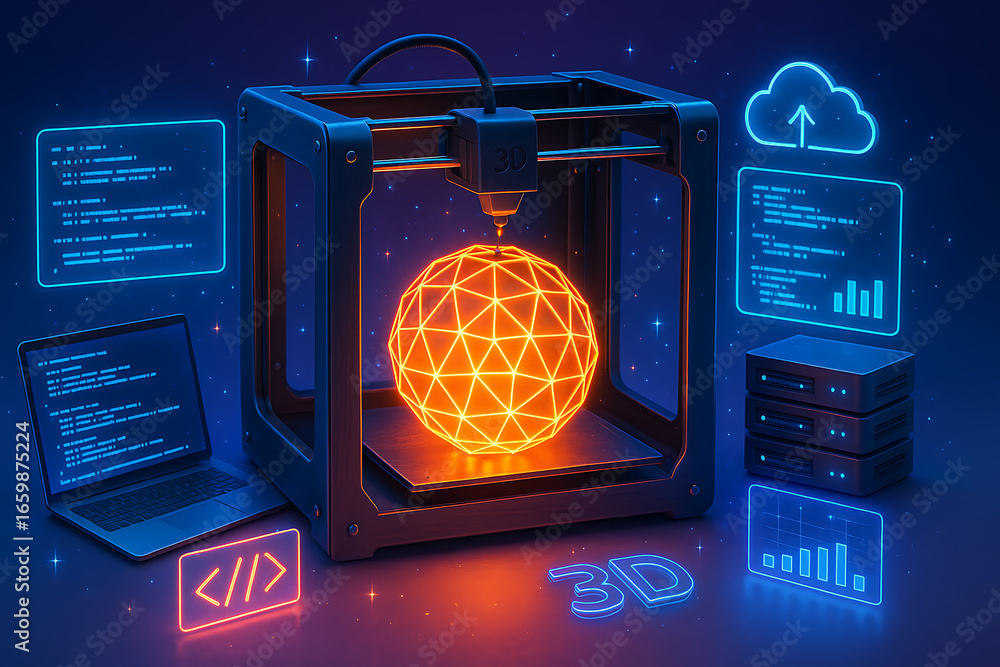 Poster an automated 3d printer with a glowing geometric sphere at its center, surrounded by floating ui ele