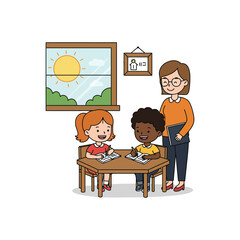 Homeschool setting with students learning under teachers guidance writing in notebooks near a window a sunny and bright education scene.