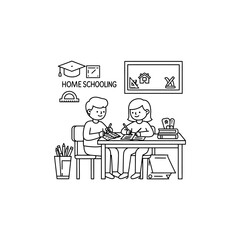 homeschooling at home two students learning writing at desk during lesson a blackboard showing education icons and home education concept