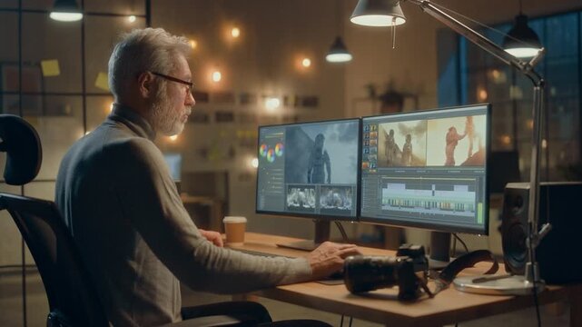 Male Designer Edits Video on  Monitors in a Modern Office, Focusing on Color Grading and Footage Editing Using Advanced Software Tools for Multimedia Content Creation.