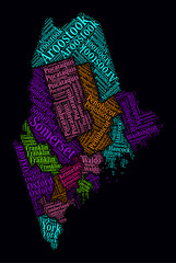 Maine Regions Word Clouds. Bright typographic style design on dark background. Maine region names tag clouds. Boundary shape. Amazing vector illustration.