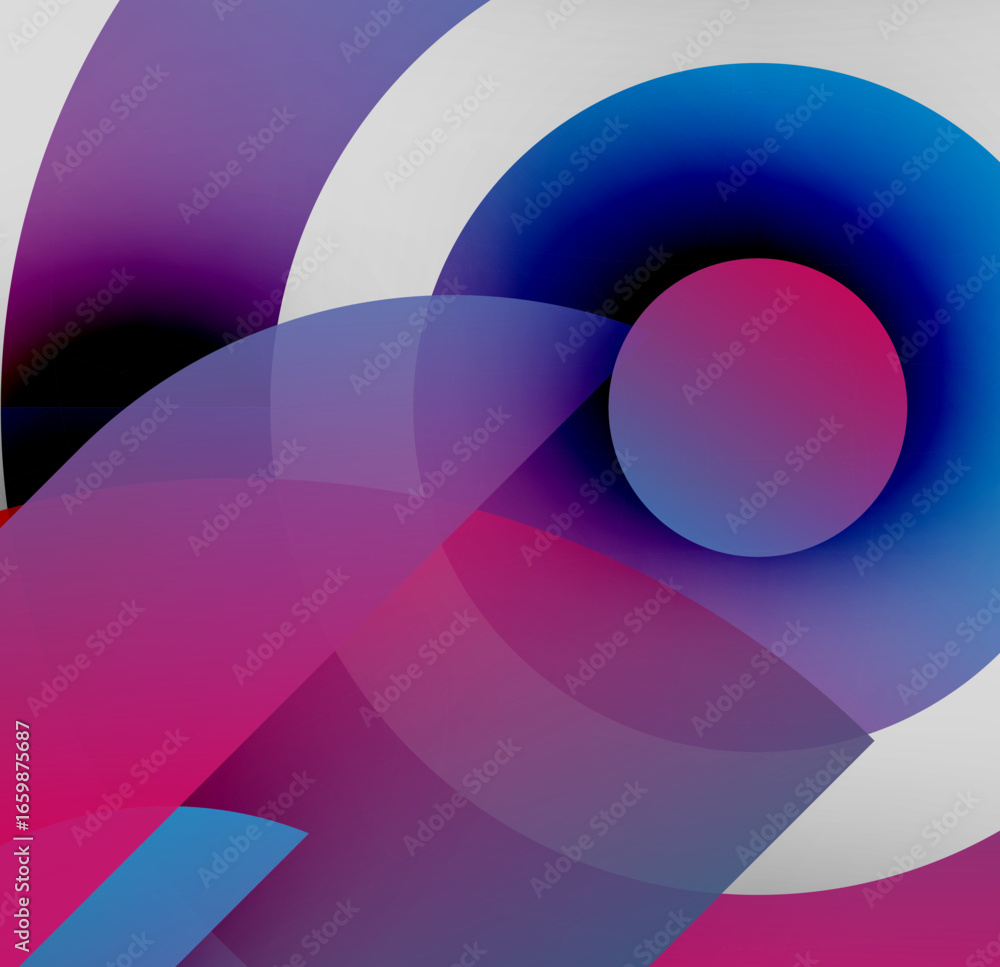 Poster abstract composition featuring overlapping colorful arcs, circles. gradient shades create depth, vis