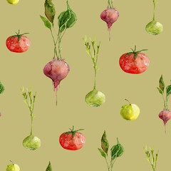 Seamless watercolor vegetable pattern with tomatoes, beets, apples, and kohlrabi. Ideal for organic food, farm, and healthy lifestyle designs.