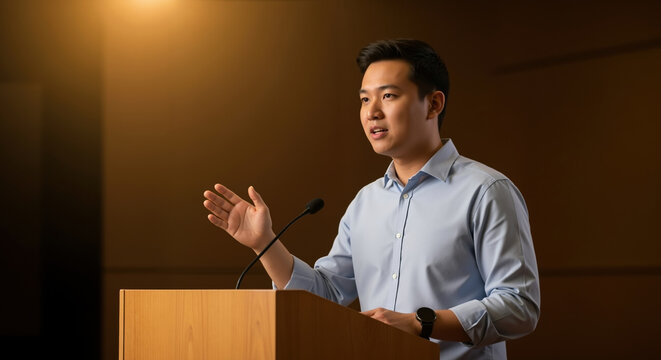 Asian man speaking at podium with microphone during business conference presentation. Public speaking and corporate communication for professional training and seminar services