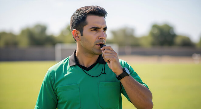 Soccer referee blowing whistle during football match on green field. Sports officiating for game control and athletic competition management