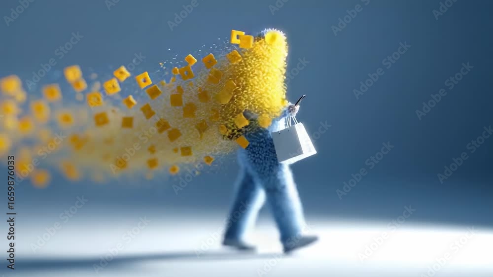 Poster creative visual representation of a character walking while transforming with colorful particles in 