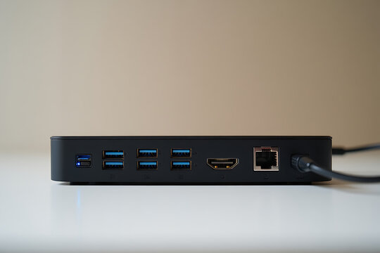Back view of a black computer docking station with multiple ports