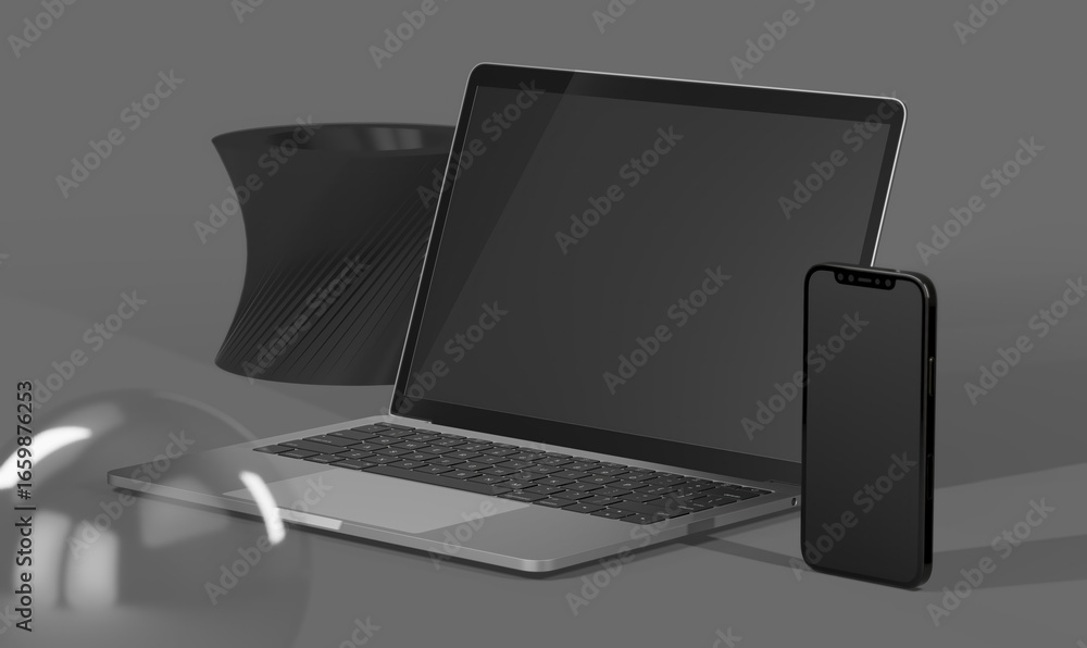 Poster a modern workstation setup featuring a laptop, a mobile phone, and a unique design element, all arra