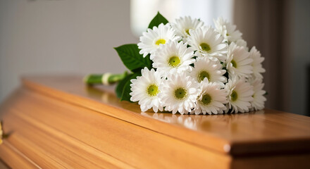 White chrysanthemum flowers bouquet placed on wooden coffin surface. Funeral arrangement and memorial tribute for bereavement services and grief support ceremonies