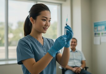 young asian nurse preparing syringe with patient in background. healthcare professional in scrubs with gloves in medical office. national immunization awareness. health promotion, vaccination concept