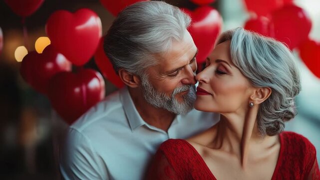 Mature couple with grey hair in love sharing a romantic moment in front of heart balloons