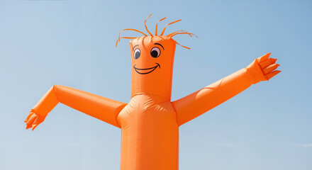 Orange inflatable tube man dancing with arms extended against blue sky background. Advertising promotion and marketing display for car dealership and retail business events