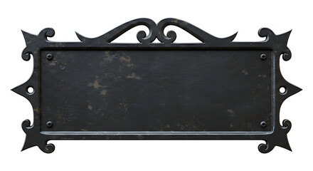 Front-facing realistic antique black iron nameplate with witch hat frame distressed metal surface isolated on transparent background no text