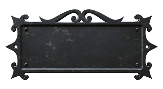 Front-facing realistic antique black iron nameplate with witch hat frame distressed metal surface isolated on transparent background no text