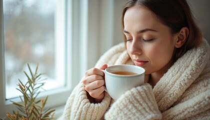 Young woman drinking hot tea, wrapped in warm blanket at home near window during cold season. Female with closed eyes enjoys comfort, cosiness and rest. Sick girl recovery with herbal teacup.