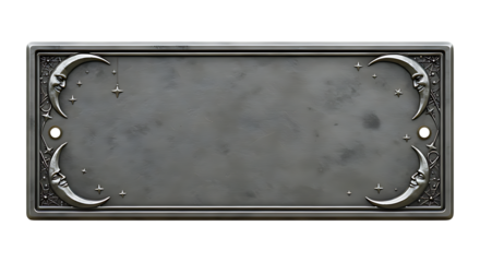 Front-facing realistic antique silver plated nameplate with moon and stars engraved Halloween edges tarnished metal finish isolated on transparent background no text