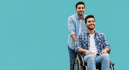 Two men smiling with one in wheelchair against turquoise background. Disability inclusion for friendship support and accessible lifestyle representation