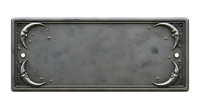 Front-facing realistic antique silver plated nameplate with moon and stars engraved Halloween edges tarnished metal finish isolated on transparent background no text