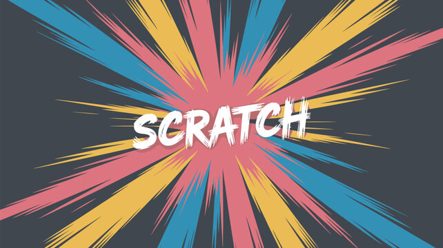 A cartoon style background with the word scratch in white and colorful burst lines emanating outwards