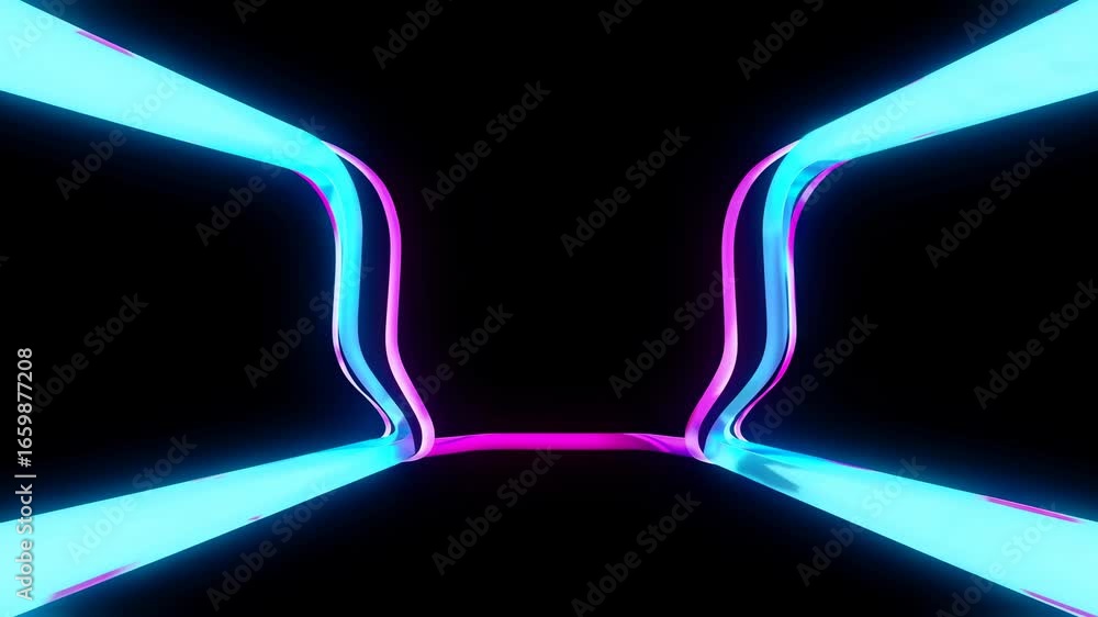 Poster neon colored elliptical shapes move rhythmicly through a dark space, creating a dynamic and energeti