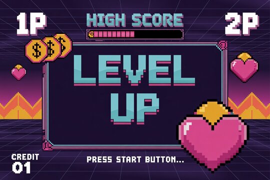 Retro pixel level up screen with high score, 8-bit arcade UI, gaming progress, press start message.