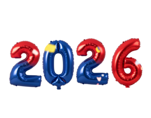A - Red and Blue “2026” Balloons Scattered with Confetti, Dynamic Diagonal Angle, Isolated on Transparent Background.