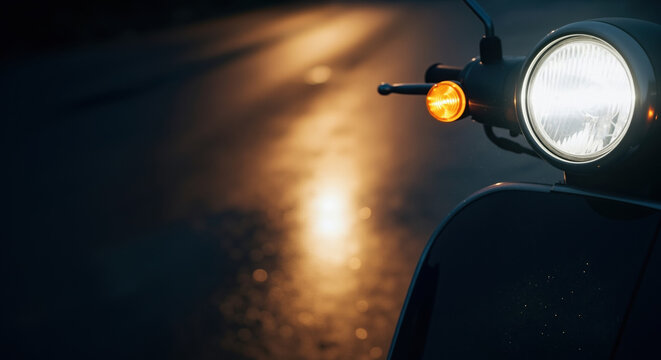Close up vintage motorcycle headlight with amber turn signal on dark background. Retro transport vehicle detail for advertising campaigns and automotive services