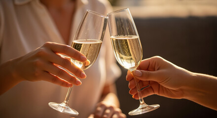 Two hands holding champagne glasses in celebratory toast. Wedding celebration and anniversary party for romantic occasions and special milestone events
