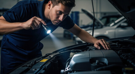 Male mechanic with flashlight inspecting car engine under hood in garage. Automotive repair service and maintenance industry advertising