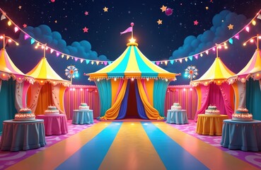Vibrant summer carnival theme stage. Colorful tents, festive decorations, fun games create energetic atmosphere. Birthday party, celebration, event. Multiple cakes on tables. Exciting amusement
