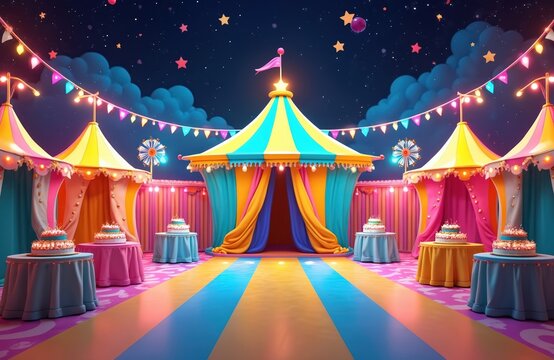 Vibrant summer carnival theme stage. Colorful tents, festive decorations, fun games create energetic atmosphere. Birthday party, celebration, event. Multiple cakes on tables. Exciting amusement
