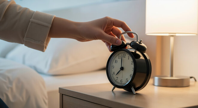 Hand reaching for black alarm clock on bedside table in bedroom. Morning routine and time management concept for wake up schedule and daily productivity habits