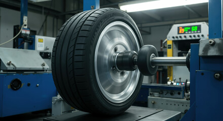 Car tire on wheel balancing machine in automotive service garage with digital display. Vehicle maintenance and tire repair service for auto shop and mechanic business