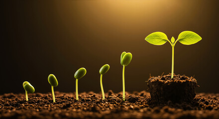 Plant seedlings growing in sequence from sprout to mature leaves in rich soil. Growth stages and agricultural development for farming and gardening education content