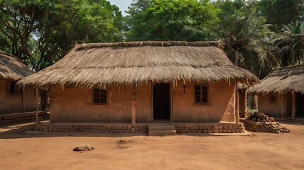Traditional african village house with thatched roof and mud walls in a rural setting