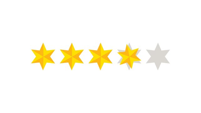 Four star rating and feedback animation, 4k customer reviews video and Golden star icon.