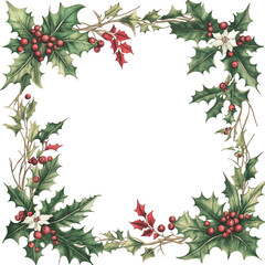 Naklejka premium Festive Floral Border Frame with Holly Vines and Poinsettias