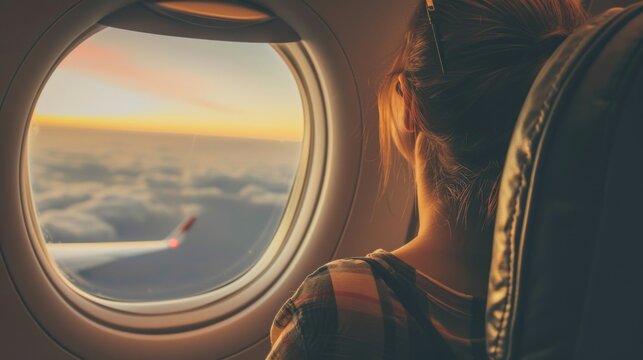 View from an airplane window of clouds and sunset — for travel, travel blogs, and articles about air travel.