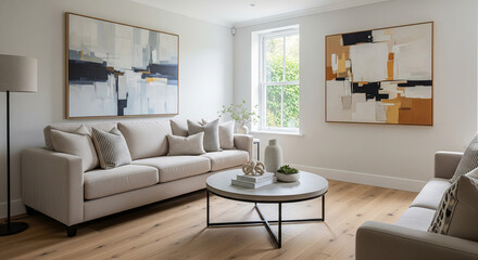 Obraz premium A chic and modern living room showcasing a pair of large, abstract paintings on a clean white wall. The room is furnished with a comfortable, light-colored sofa